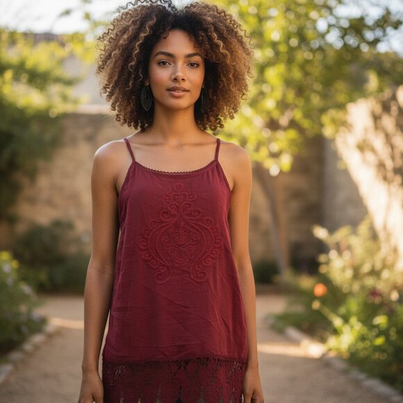 Y2K VINTAGE BONGO Embroidered Cami Tank Top M Lace Hem Embossed Dark Red - Picture 1 of 13